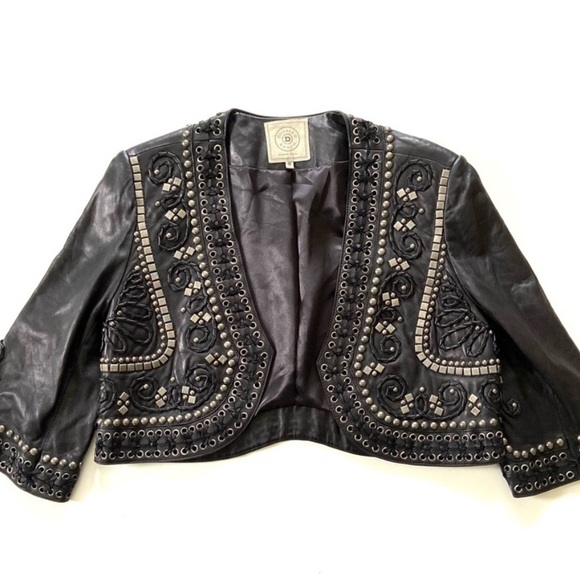 Double D Ranch Black Genuine Leather Beaded Studded Open Bolero Jacket - Picture 5 of 11